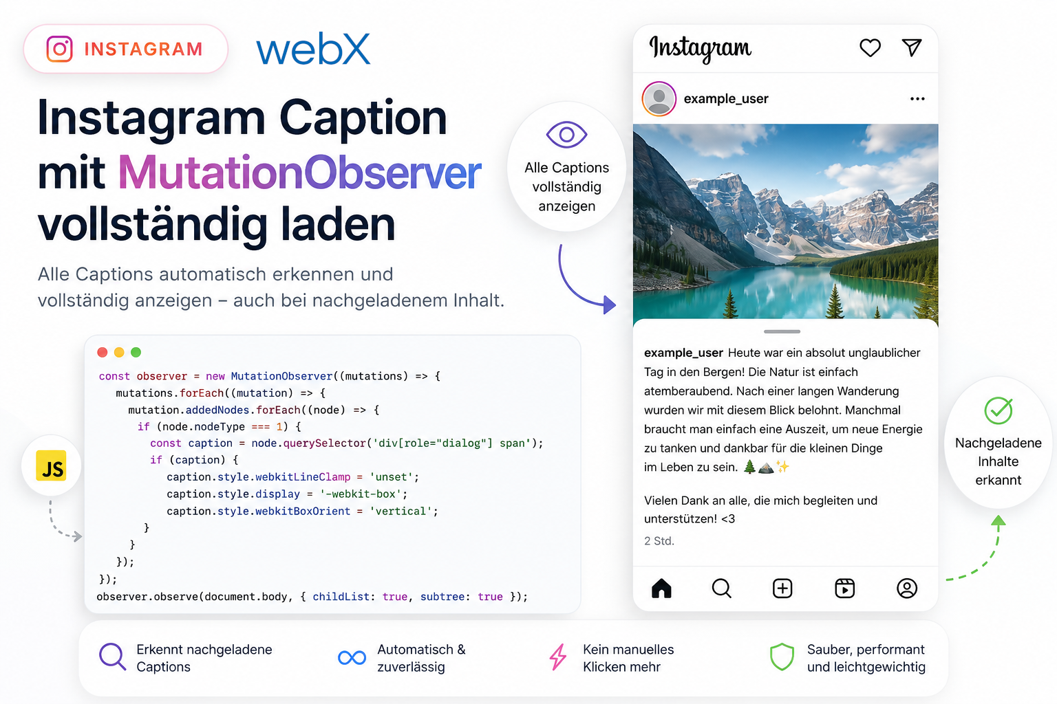 Instagram Caption mit MutationObserver vollständig laden